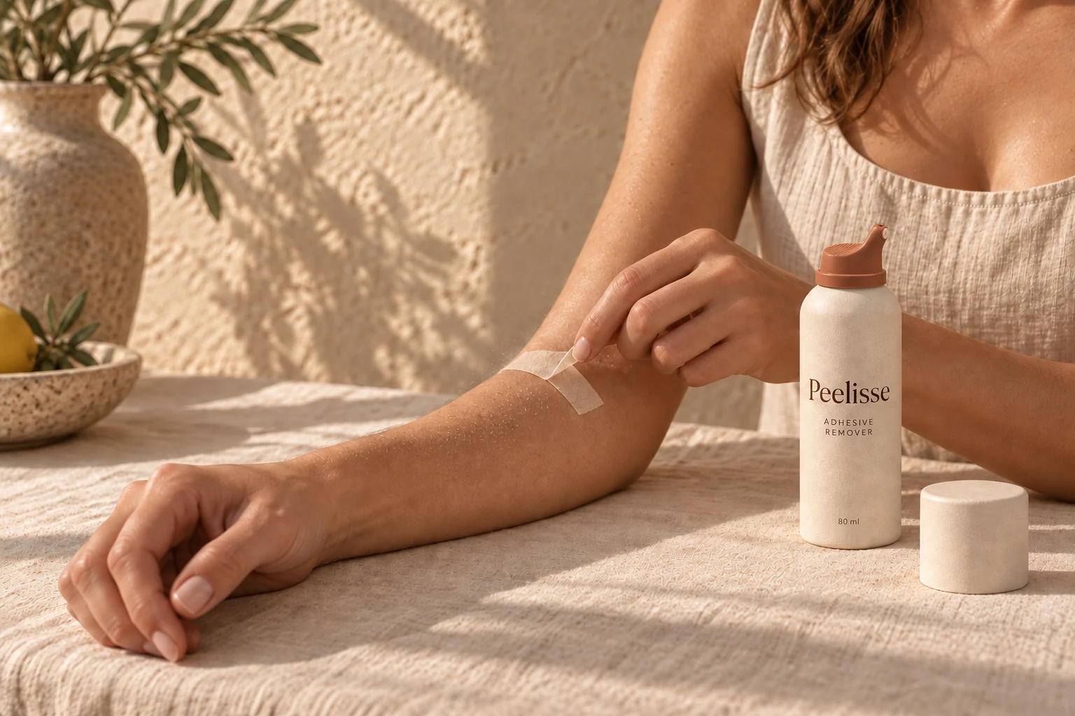 Concept: the same person gently lifts tape from their forearm while the spray rests on the linen